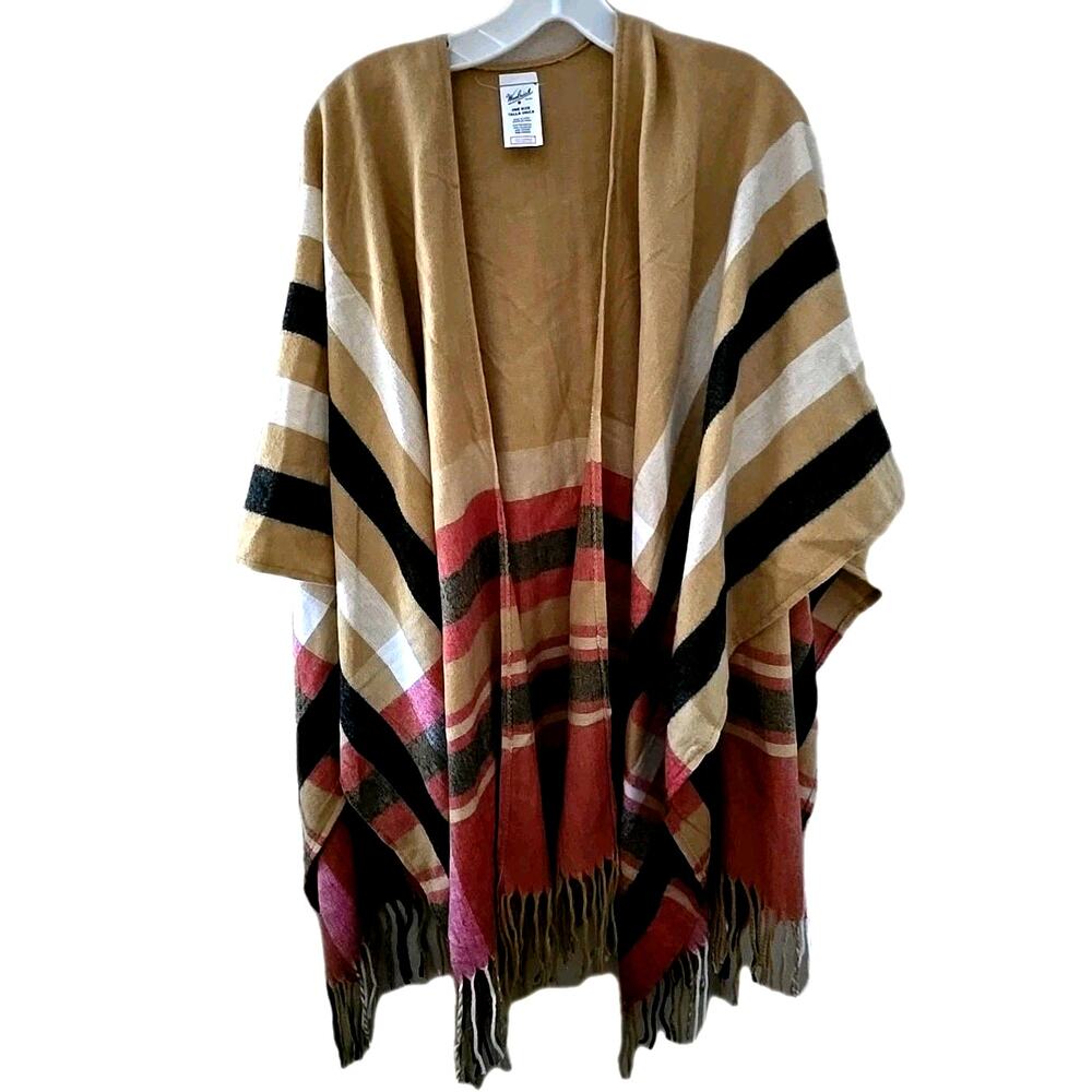 Woolrich Justine Striped Open‎ Front Fringe Poncho Shawl Wrap Womans One Size